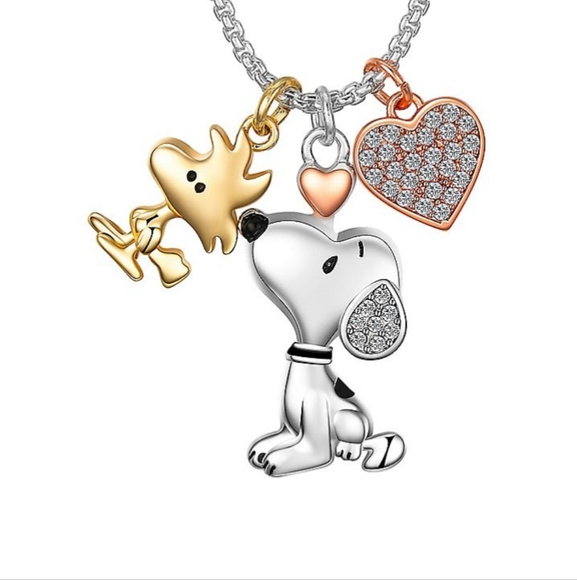 NEW Peanuts Tri-Tone Crystal Snoopy, Woodstock & Heart Charm Pendant Necklace - Picture 2 of 16